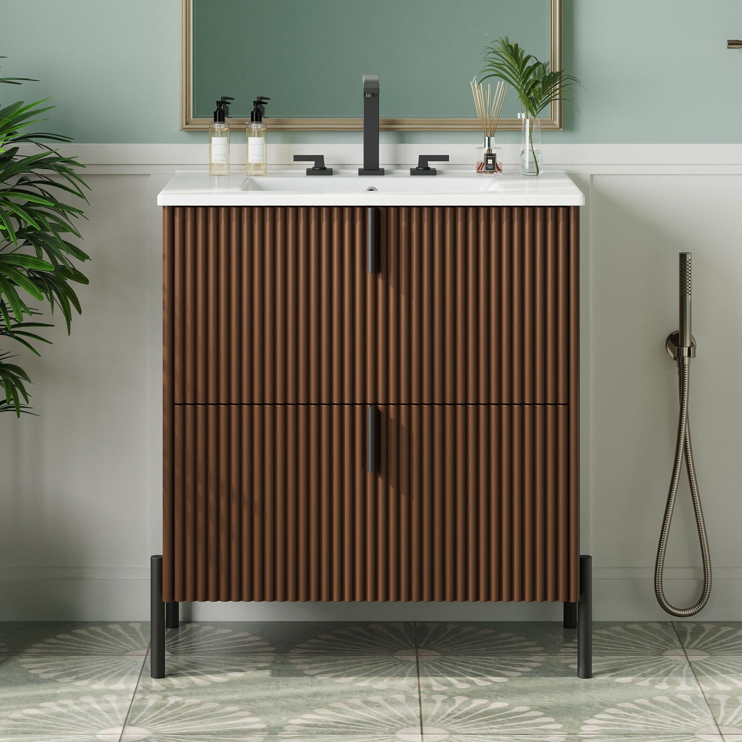 Fluted Bathroom Vanity With Ceramic Sink, Freestanding Design