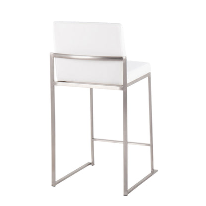 The Fuji – Contemporary High Back Counter Stool features a functional design with a white cushioned seat and backrest, sleek brushed metal frame, and open rectangular back—shown here from the rear view.