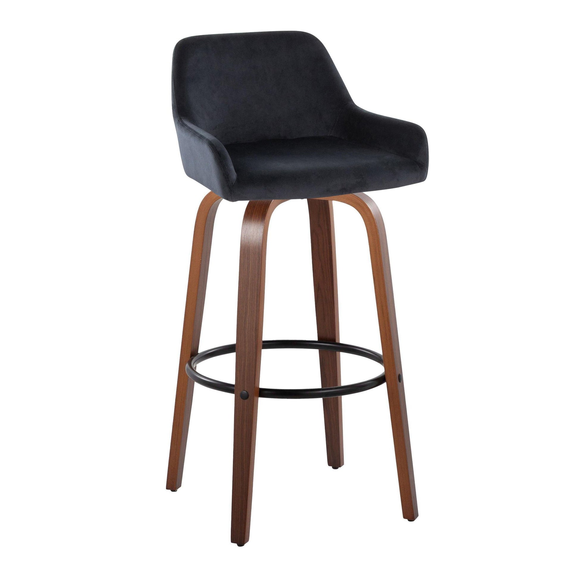 The Daniella barstool set features a contemporary design with a black cushioned seat, low backrest, curved wooden legs, and a round metal footrest. Includes 2 fixed-height stools with swivel function.