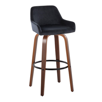 The Daniella barstool set features a contemporary design with a black cushioned seat, low backrest, curved wooden legs, and a round metal footrest. Includes 2 fixed-height stools with swivel function.