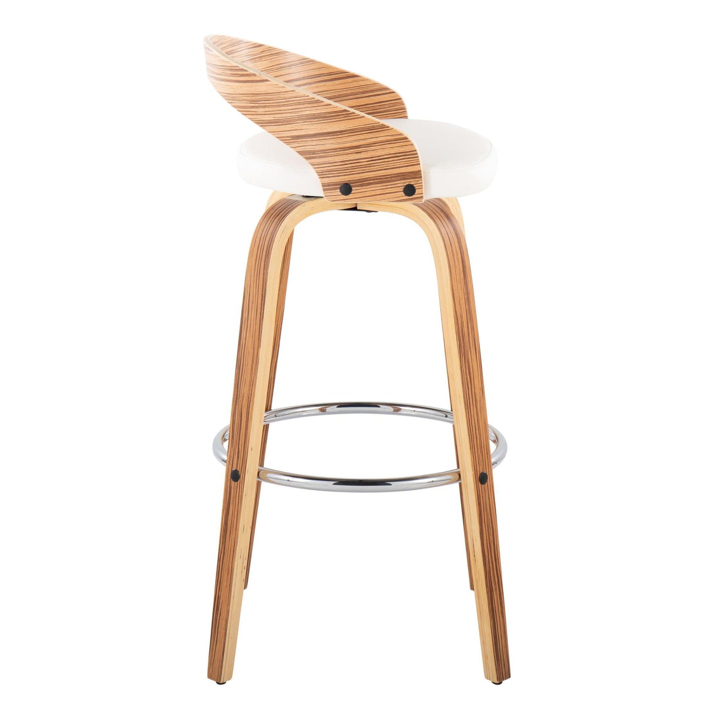 The Grotto Contemporary Fixed Height Barstool features a curved wooden backrest, white cushioned seat, wooden legs, and a round chrome footrest. This swivel barstool comes as a set of 2.