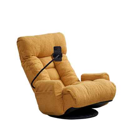 The Adjustable Swivel Lounge Chair features mustard yellow upholstery, a padded headrest, armrests, and a built-in flexible phone holder on the left arm. It sits on a black circular base and offers 360-degree rotation.