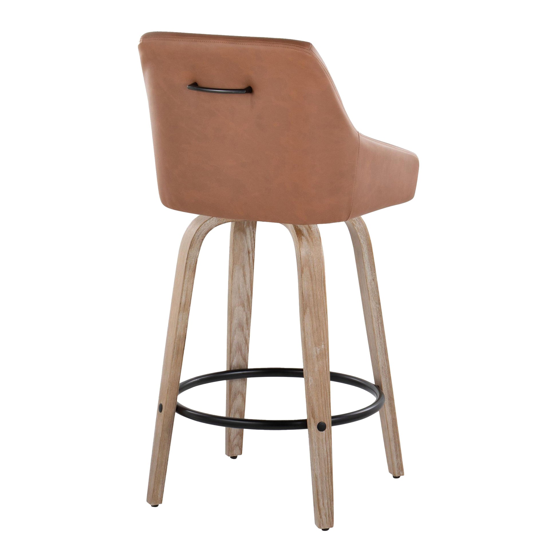 The Hannah Counter Stool set features tan leather seats, low curved backrests with metal handles, light wood legs, and a round black metal footrest. These transitional stools have a fixed height and swivel function.