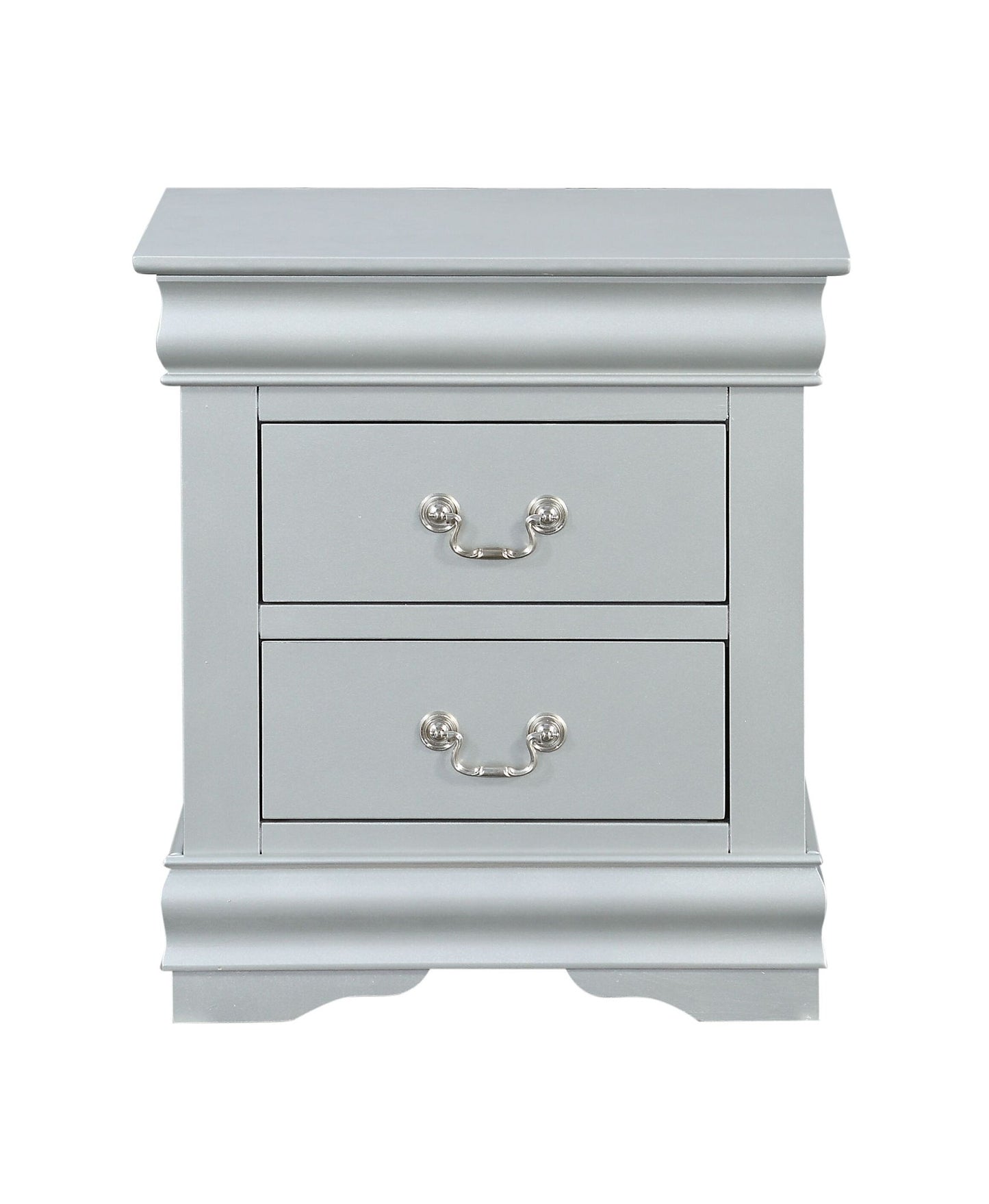 The Louis Philippe III - Sleek Design Nightstand is a gray wooden piece with two drawers featuring silver handles and decorative molding on the top and base, displayed against a white background.