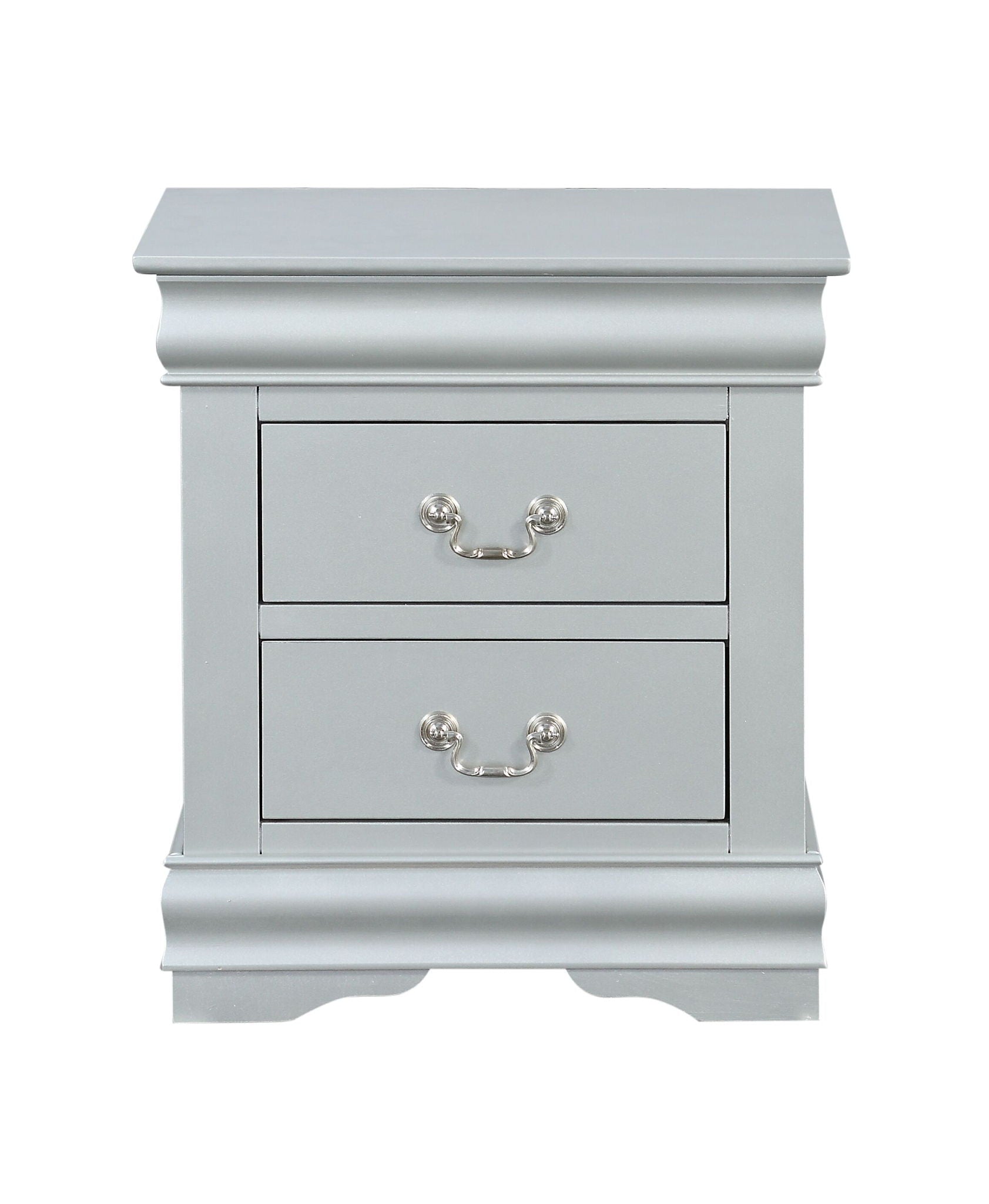 The Louis Philippe III - Sleek Design Nightstand is a gray wooden piece with two drawers featuring silver handles and decorative molding on the top and base, displayed against a white background.