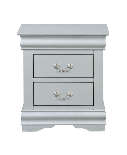 The Louis Philippe III - Sleek Design Nightstand is a gray wooden piece with two drawers featuring silver handles and decorative molding on the top and base, displayed against a white background.