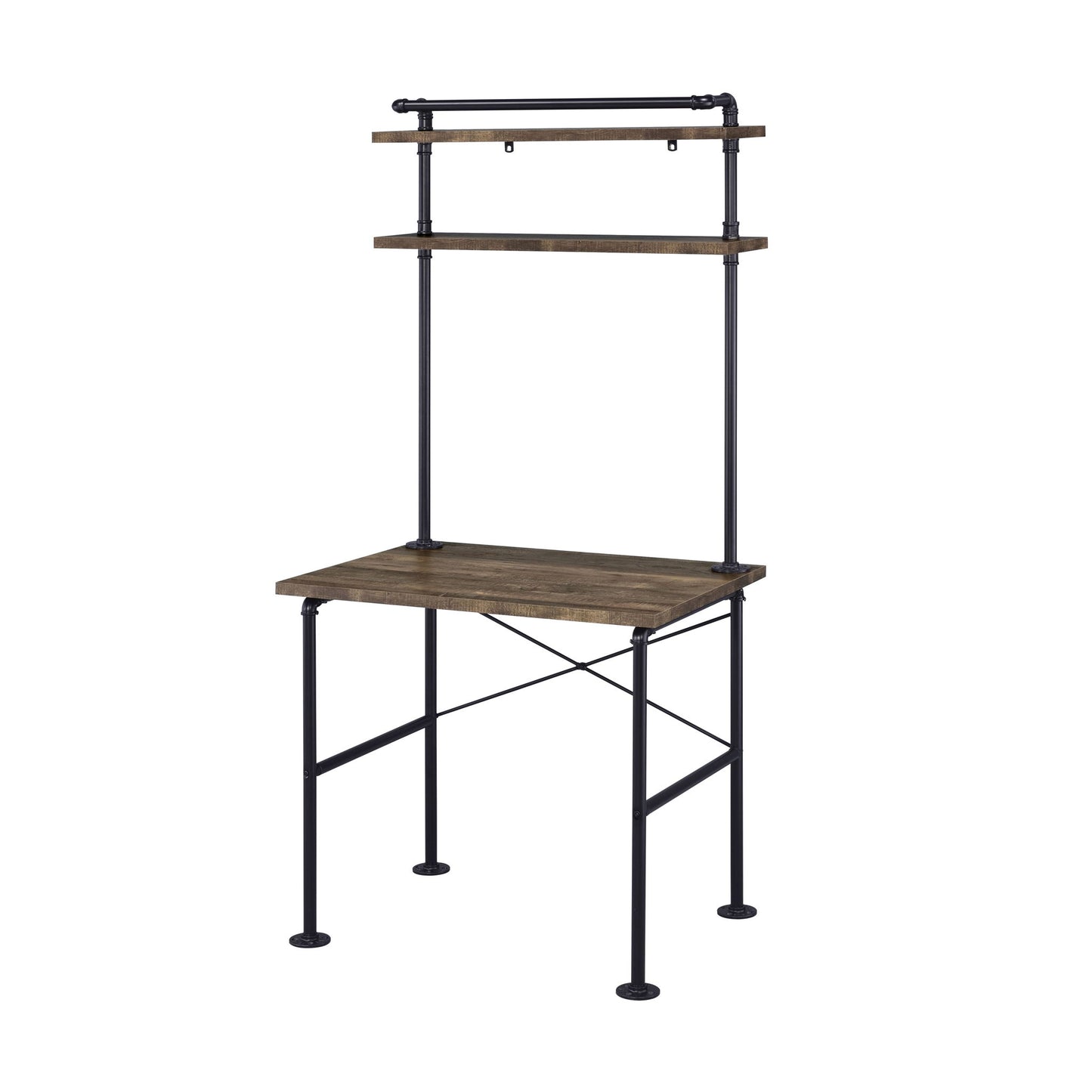 The Ensata Rustic Writing Desk in Black/Oak features a compact design with a rustic wooden tabletop, black metal frame, and two overhead wooden shelves supported by vertical metal rods—perfect for small home offices or study spaces.