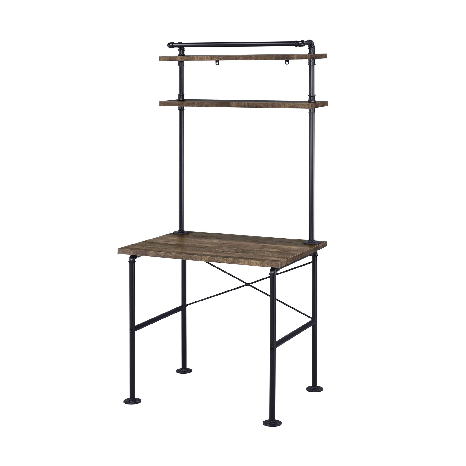 The Ensata Rustic Writing Desk in Black/Oak features a compact design with a rustic wooden tabletop, black metal frame, and two overhead wooden shelves supported by vertical metal rods—perfect for small home offices or study spaces.