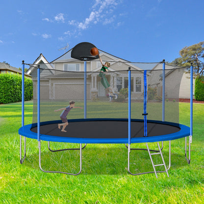 Two kids play on a 14Ft Trampoline for Adults & Kids with Basketball Hoop, Safety Enclosure Net, Ladder, and double-side blue cover in a backyard; one jumps while the other shoots hoops. House and lawn are in the background.