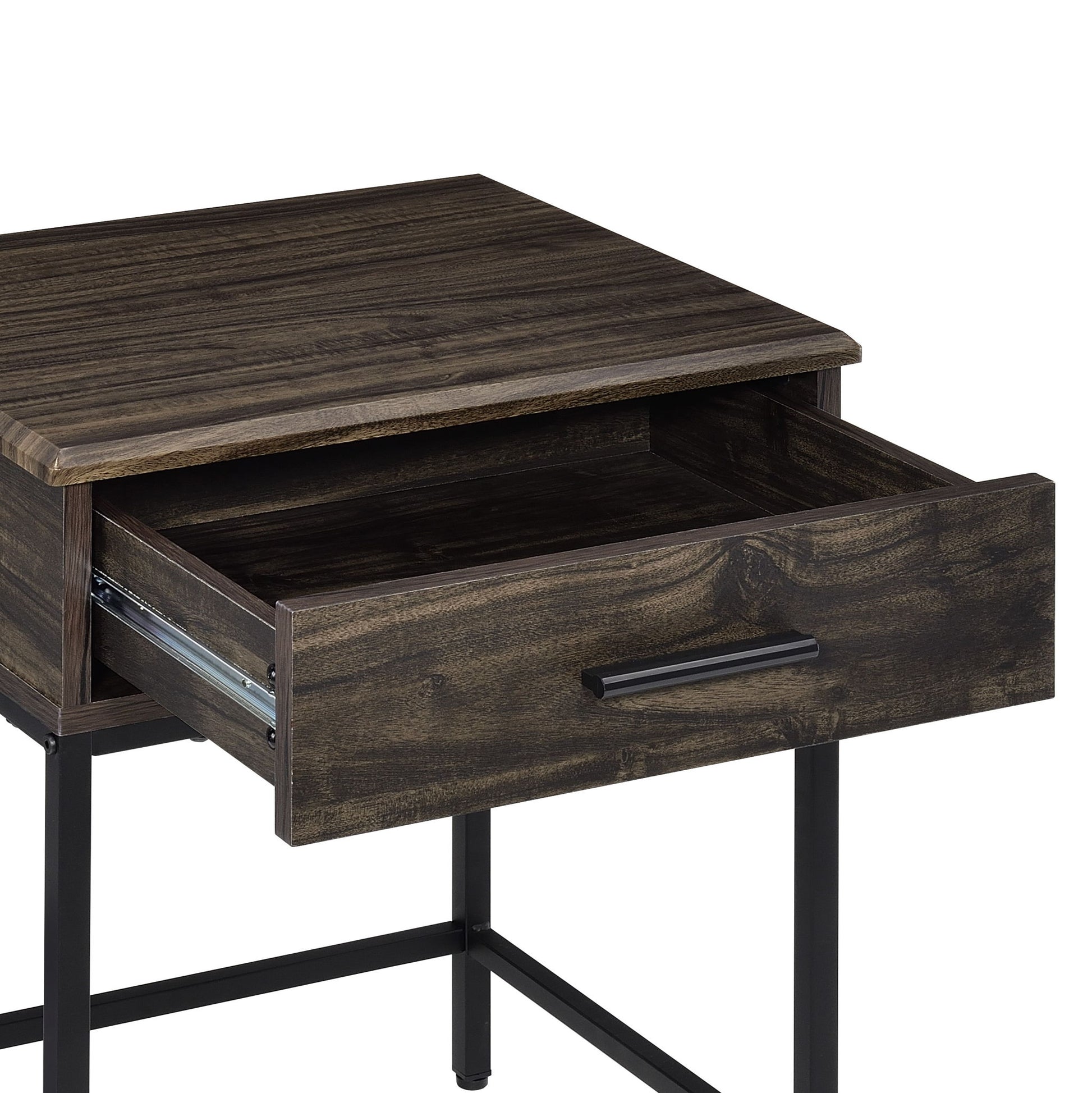 The Cliff - Modern Design Table features a dark-finished wooden top, a single open drawer with a black handle, black metal legs, and an exposed support frame.