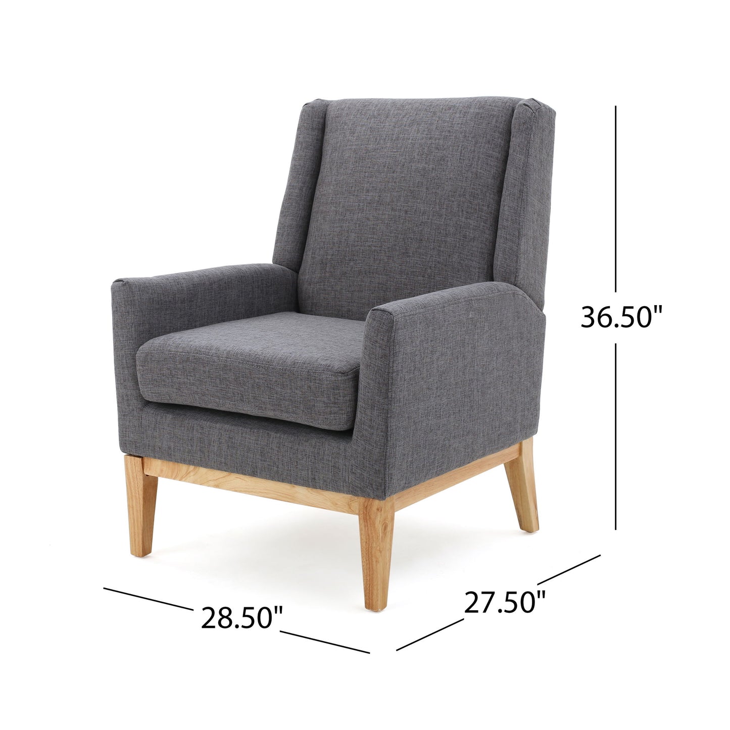 The Modern Accent Chair With Padded Cushion Seat features gray upholstery, wooden legs, a tall backrest, and armrests. Dimensions: 36.5"H x 28.5"D x 27.5"W.
