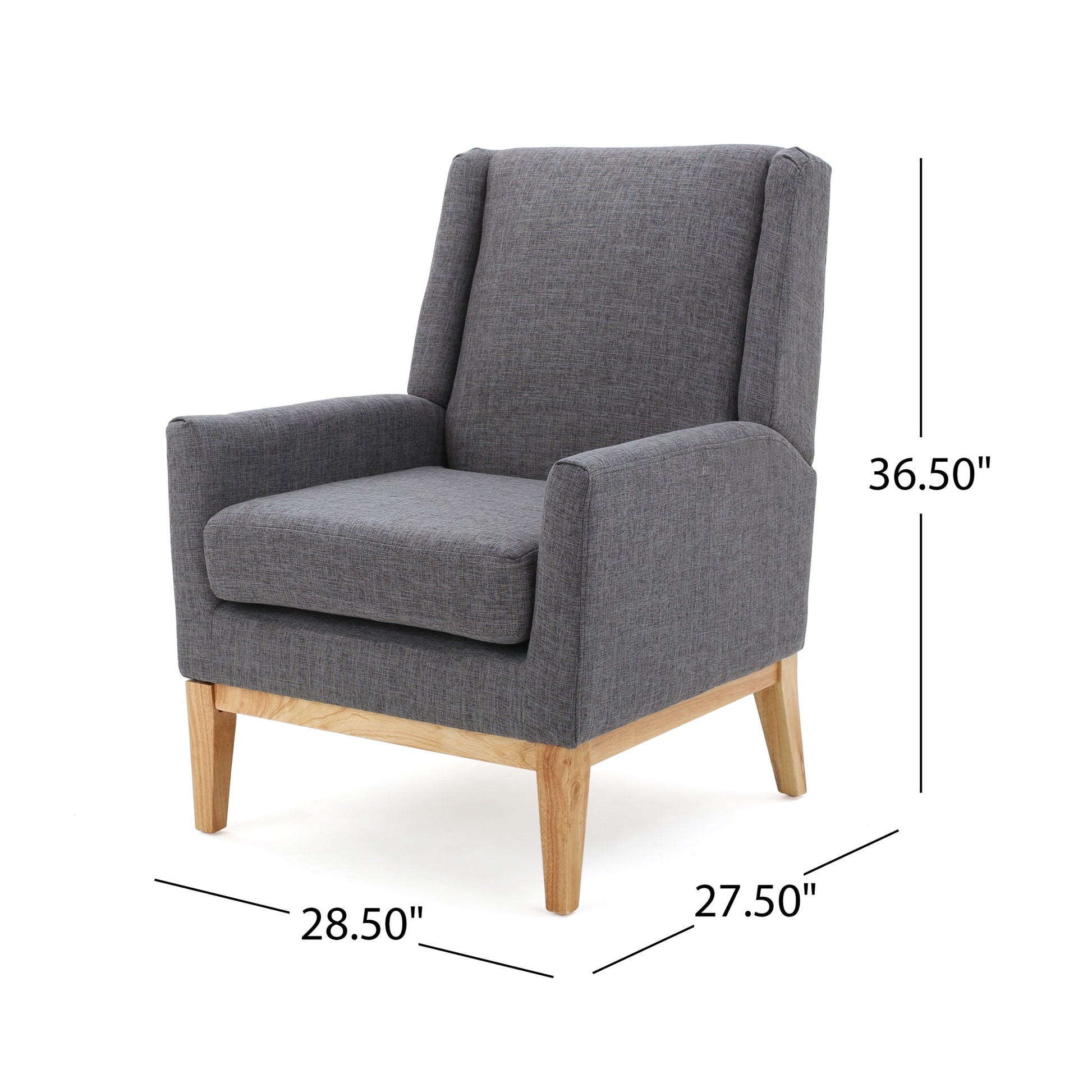 The Modern Accent Chair With Padded Cushion Seat features gray upholstery, wooden legs, a tall backrest, and armrests. Dimensions: 36.5"H x 28.5"D x 27.5"W.