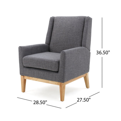 The Modern Accent Chair With Padded Cushion Seat features gray upholstery, wooden legs, a tall backrest, and armrests. Dimensions: 36.5"H x 28.5"D x 27.5"W.