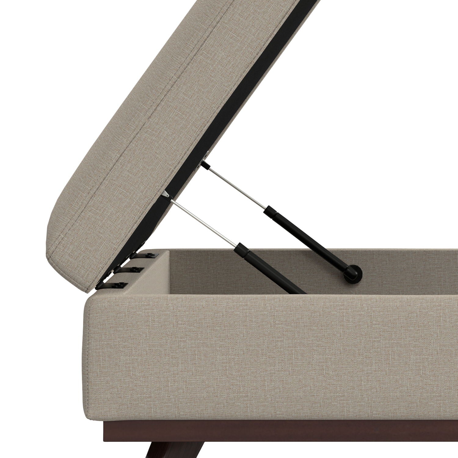 A close-up view of the Owen Multifunctional Square Coffee Table Storage Ottoman with the top lifted open, showing hydraulic lift mechanisms and interior storage space.