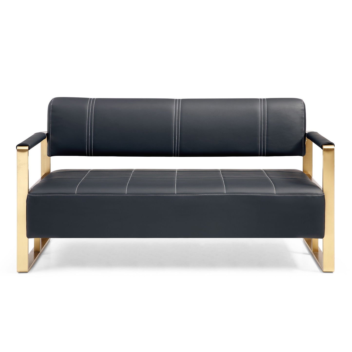 The Modern Upholstery Accent Loveseat Sofa for Living Room is a black 2-seater with white stitching and golden metal armrests and legs, shown against a white background.