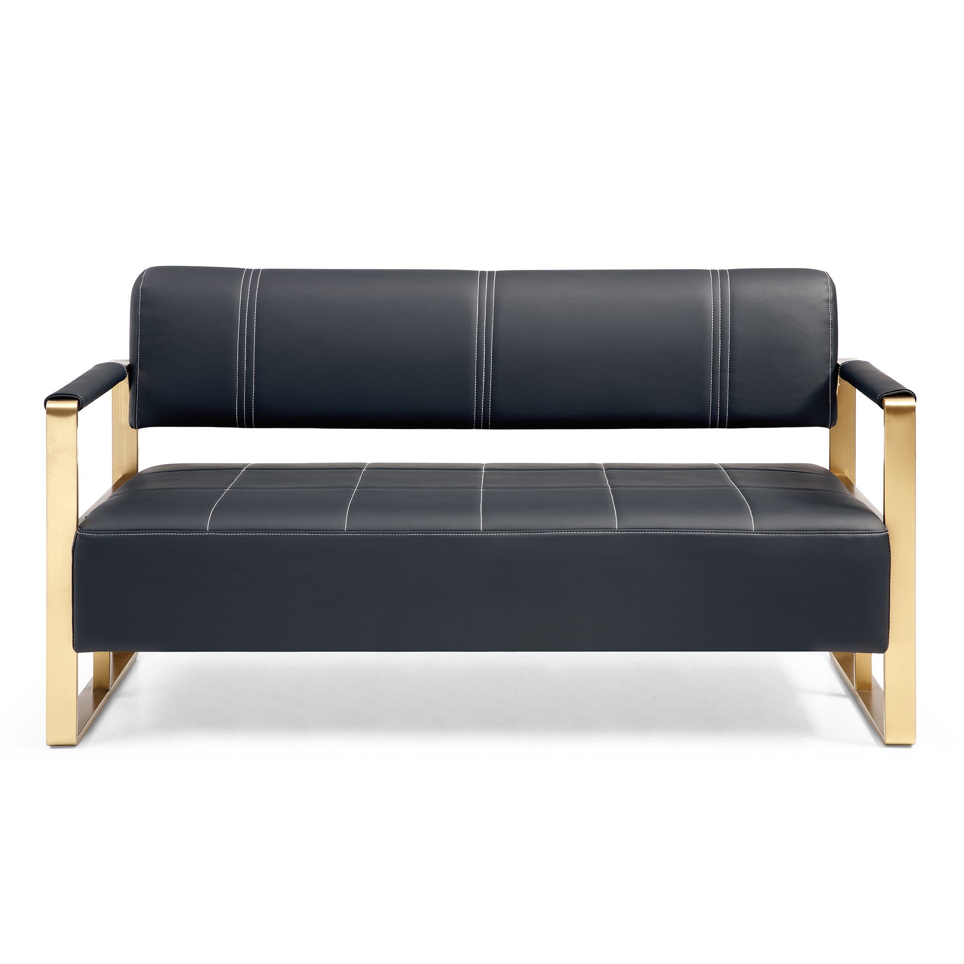 The Modern Upholstery Accent Loveseat Sofa for Living Room is a black 2-seater with white stitching and golden metal armrests and legs, shown against a white background.
