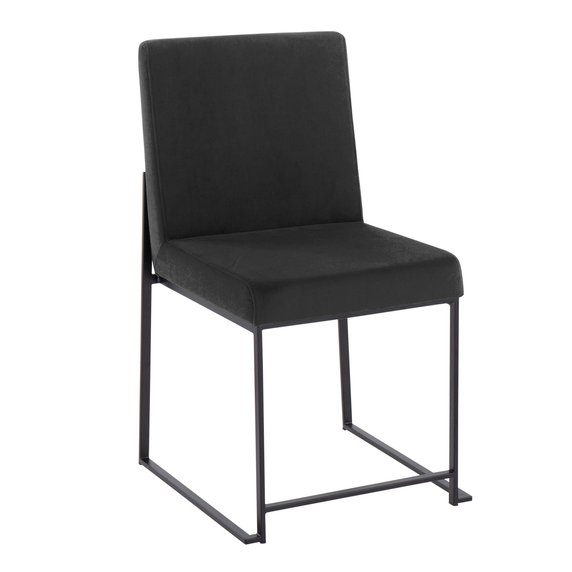 The Fuji set of 2 chairs offers contemporary modern elegance with high backs, featuring black cushioned seats and backrests, supported by minimalist black metal frames with sled-style legs.