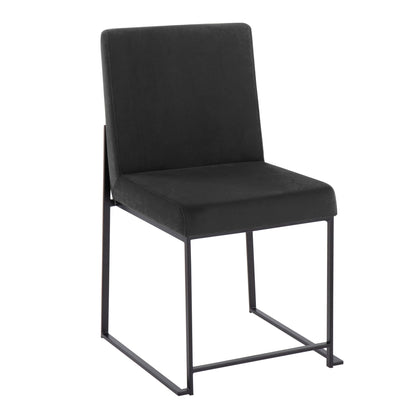 The Fuji set of 2 chairs offers contemporary modern elegance with high backs, featuring black cushioned seats and backrests, supported by minimalist black metal frames with sled-style legs.