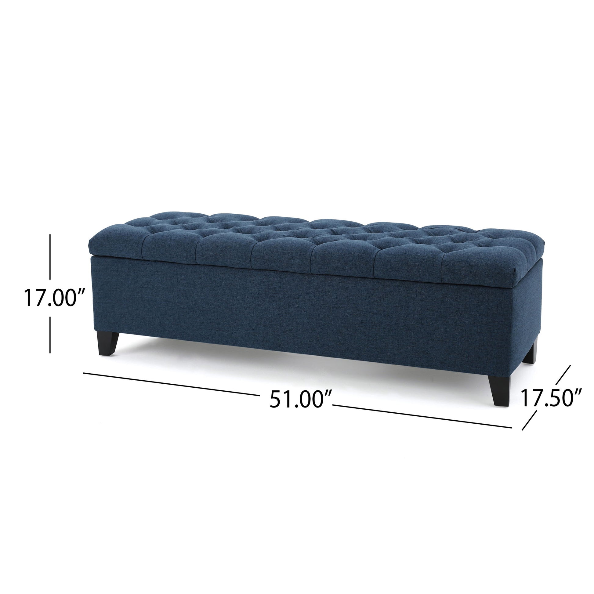The Glouster Contemporary Storage Ottoman features a dark blue button-tufted design, four short legs, and measures 51" L x 17.5" D x 17" H.