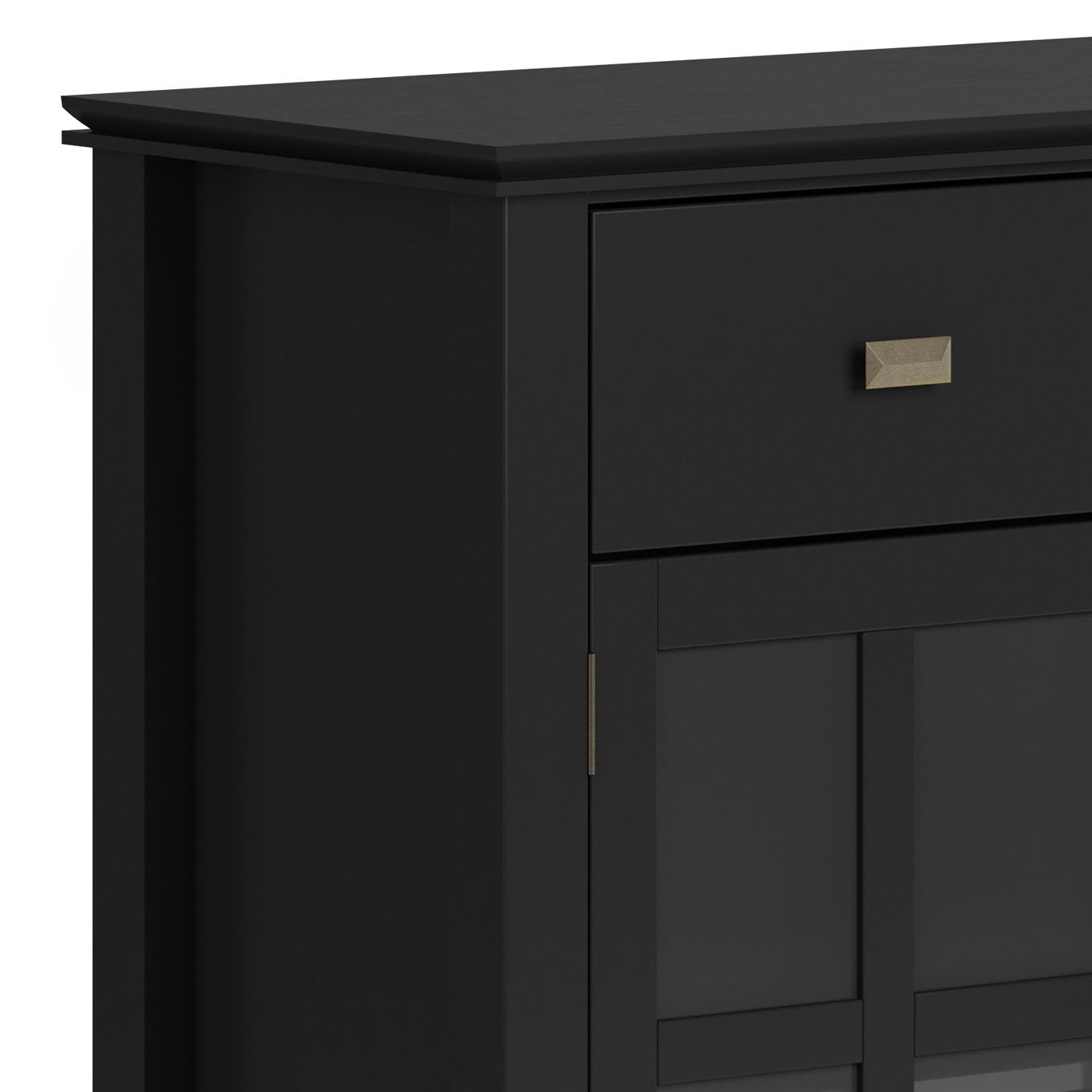 Close-up of the Artisan - Handcrafted Sideboard Buffet in black, featuring a drawer, brass handle, and a section of its sliding door.