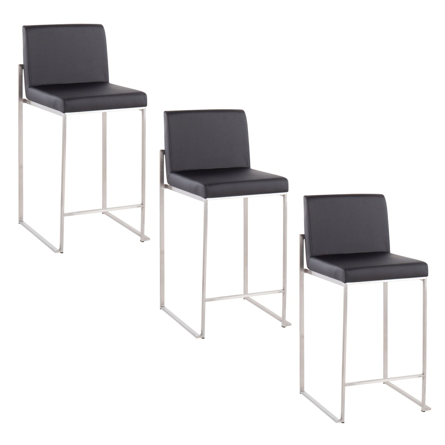 Three Fuji Contemporary High Back Counter Stools feature black cushioned seats and backs with sleek silver metal legs, arranged diagonally on a white background for a modern, functional design.