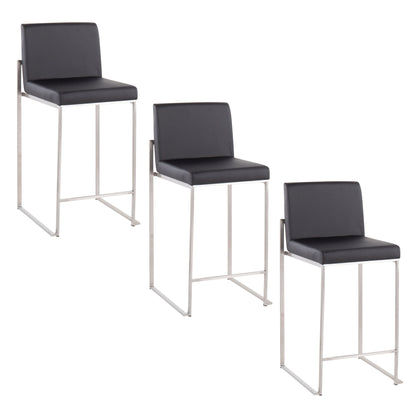 Three Fuji Contemporary High Back Counter Stools feature black cushioned seats and backs with sleek silver metal legs, arranged diagonally on a white background for a modern, functional design.