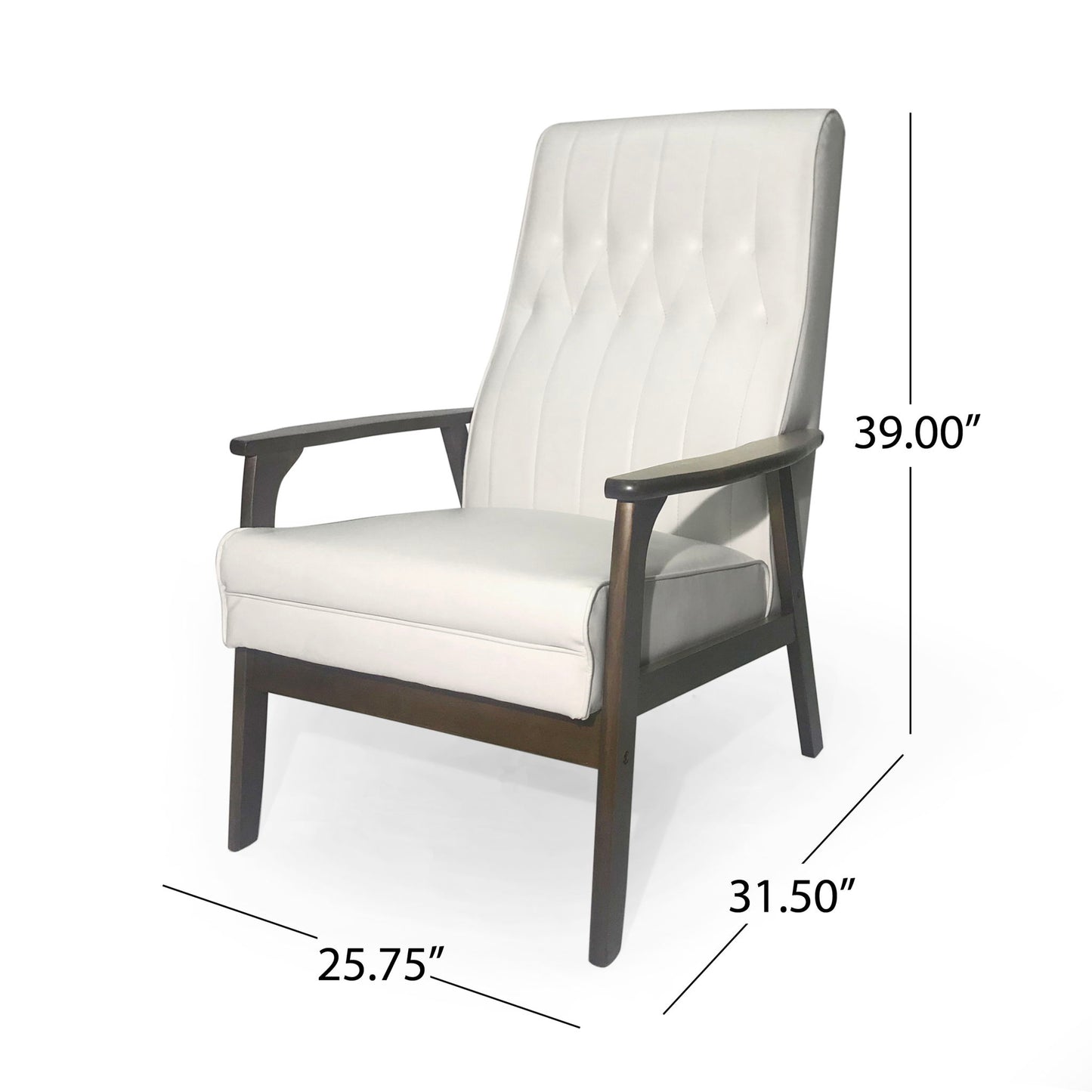The Mid Century Modern Upholstered Accent Chair features white tufted upholstery, wooden frame and arms, and measures 39" tall, 25.75" wide, and 31.5" deep.