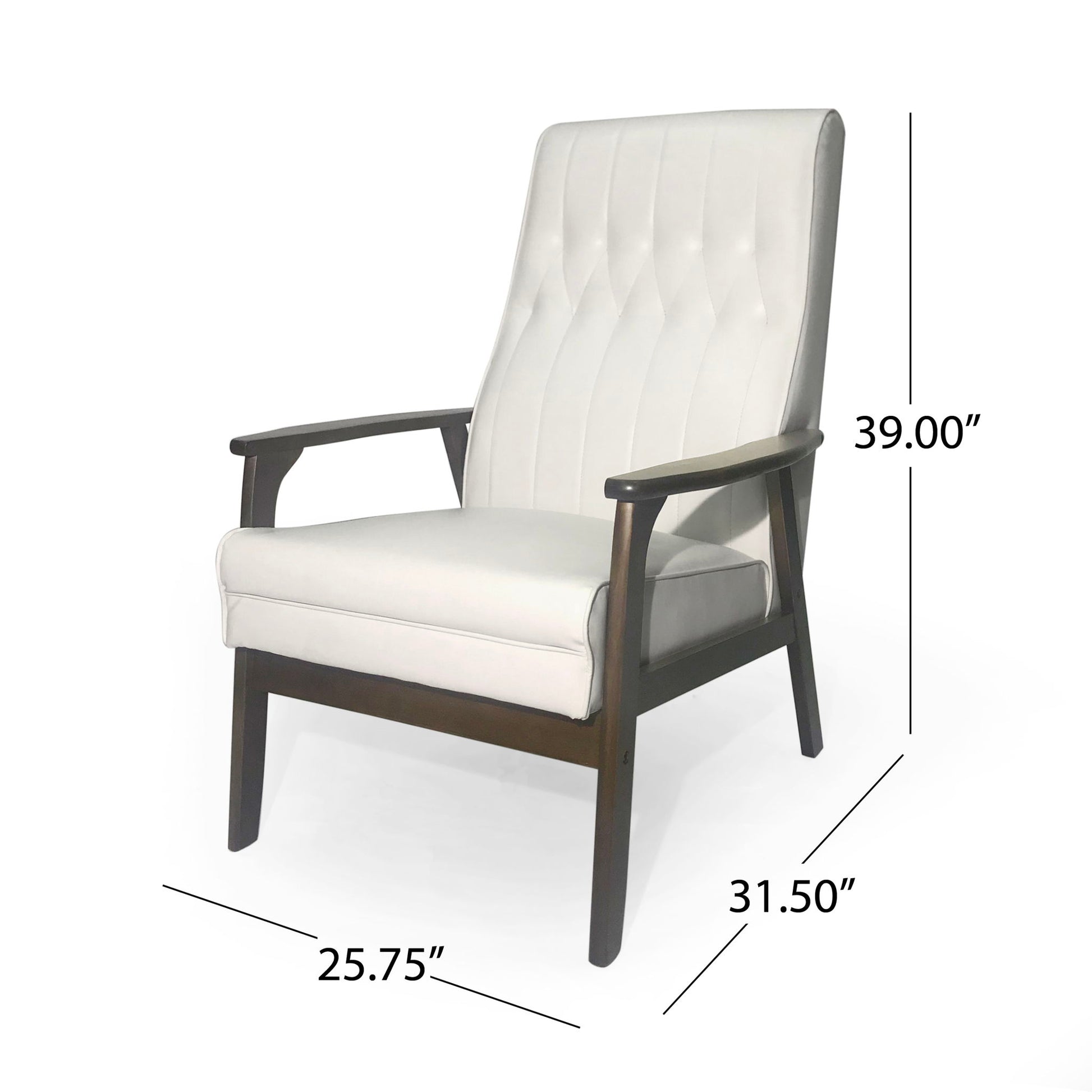 The Mid Century Modern Upholstered Accent Chair features white tufted upholstery, wooden frame and arms, and measures 39" tall, 25.75" wide, and 31.5" deep.