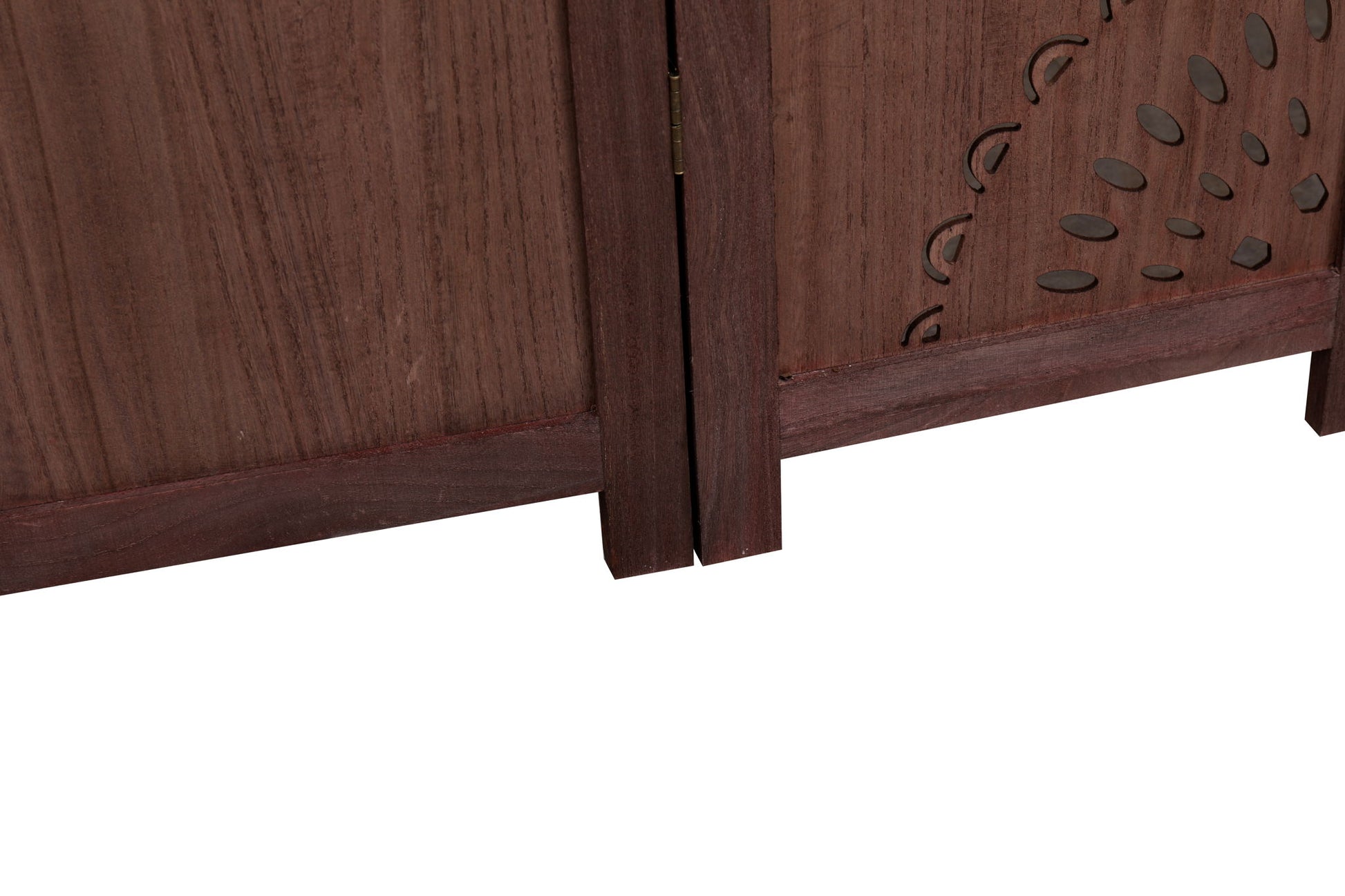 Close-up of the bottom edge of two Panel Solid Wood Folding Room Dividers—one plain, one with a decorative carved pattern—standing side by side with a small gap between them.
