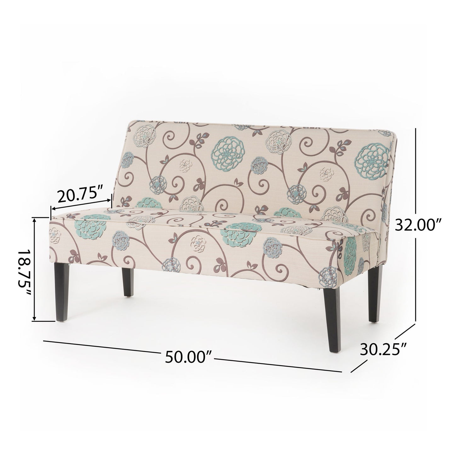 The Contemporary Loveseat features beige upholstery with blue and brown floral vine patterns, black birch wood legs, and measures 50"W x 30.25"D x 32"H; seat height: 18.75", arm height: 20.75".