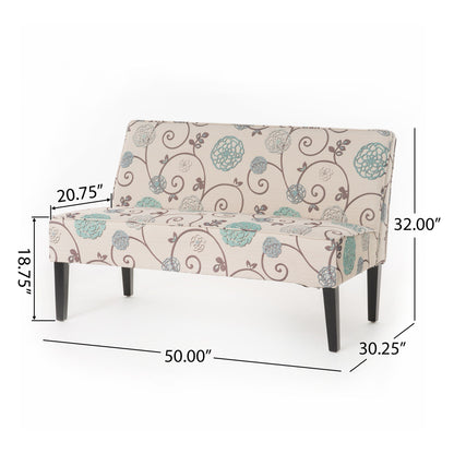 The Contemporary Loveseat features beige upholstery with blue and brown floral vine patterns, black birch wood legs, and measures 50"W x 30.25"D x 32"H; seat height: 18.75", arm height: 20.75".