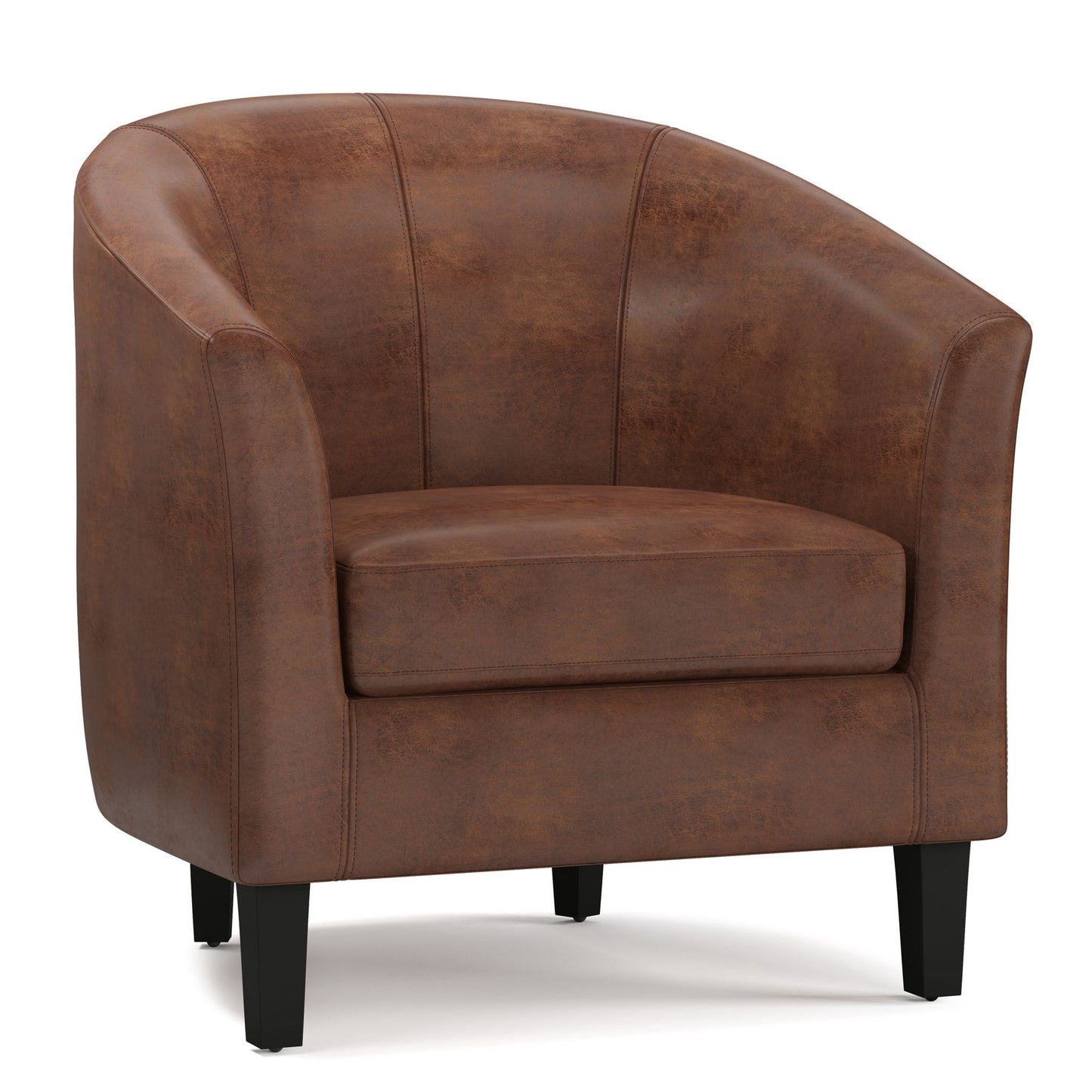 The Austin - Handcrafted Tub Chair features brown leather upholstery, a curved backrest with armrests, a cushioned seat, and four short black wooden legs.