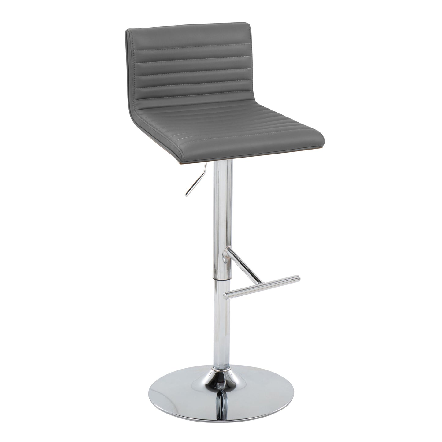 The Mason Contemporary Adjustable Barstool & Swivel Set of 2 features ribbed gray padded seats and backrests, a chrome metal base, straight T footrests, and adjustable height levers for modern style and comfort.