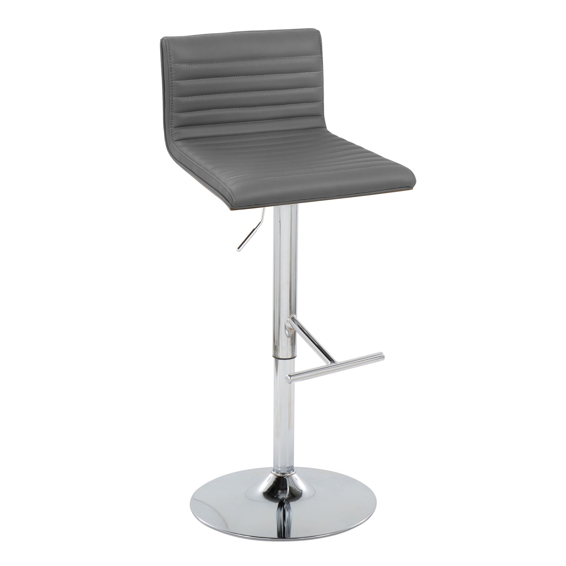 The Mason Contemporary Adjustable Barstool & Swivel Set of 2 features ribbed gray padded seats and backrests, a chrome metal base, straight T footrests, and adjustable height levers for modern style and comfort.