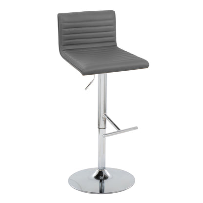 The Mason Contemporary Adjustable Barstool & Swivel Set of 2 features ribbed gray padded seats and backrests, a chrome metal base, straight T footrests, and adjustable height levers for modern style and comfort.