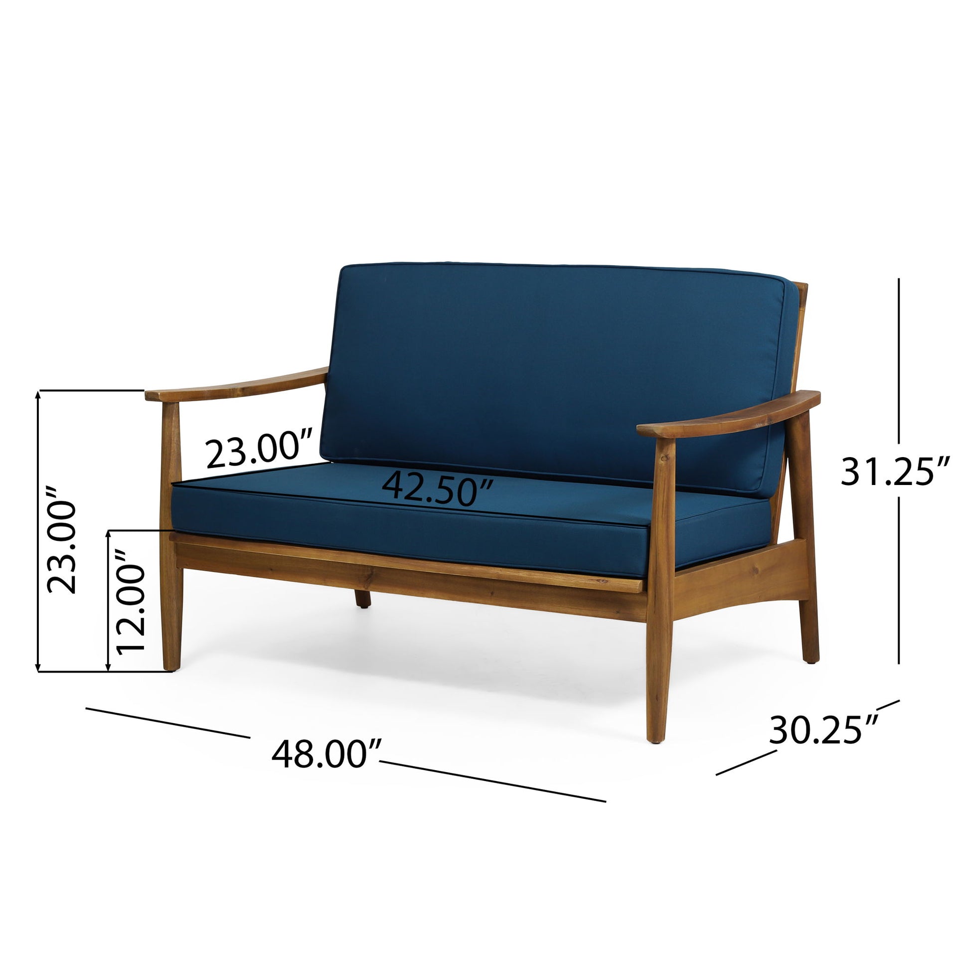 The Outdoor Acacia Wood Loveseat Set With Coffee Table features a wooden frame, blue cushions, and measures 48" wide, 42.5" seat width, 23" arm height/depth, 31.25" total height, 30.25" depth, and a 12" seat height.