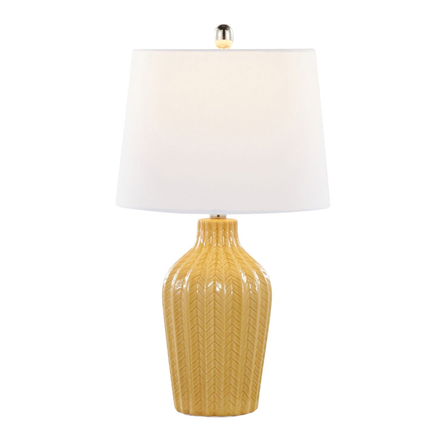 The Rockwell - Contemporary Table Lamp (Set of 2) features a yellow ceramic base with a textured herringbone pattern and a white tapered lampshade, finished with a round finial.