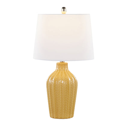 The Rockwell - Contemporary Table Lamp (Set of 2) features a yellow ceramic base with a textured herringbone pattern and a white tapered lampshade, finished with a round finial.