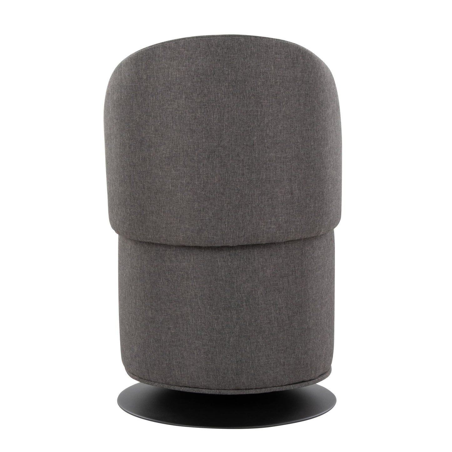 The Finch - Contemporary Chair features a rounded, plush design with dark gray upholstery and a circular black base, shown here from the back with a modern swivel style.