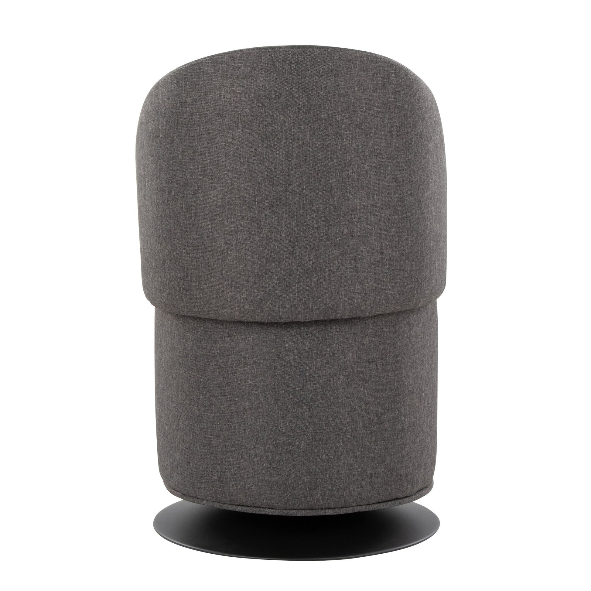 The Finch - Contemporary Chair features a rounded, plush design with dark gray upholstery and a circular black base, shown here from the back with a modern swivel style.