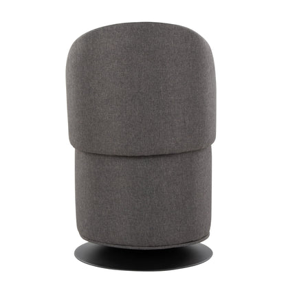 The Finch - Contemporary Chair features a rounded, plush design with dark gray upholstery and a circular black base, shown here from the back with a modern swivel style.