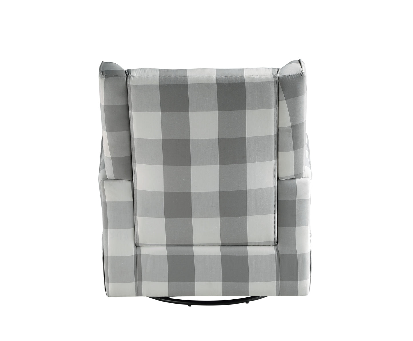 The Patli Glider Chair features a cushioned high backrest with monochrome plaid in gray and white, set against a white background.