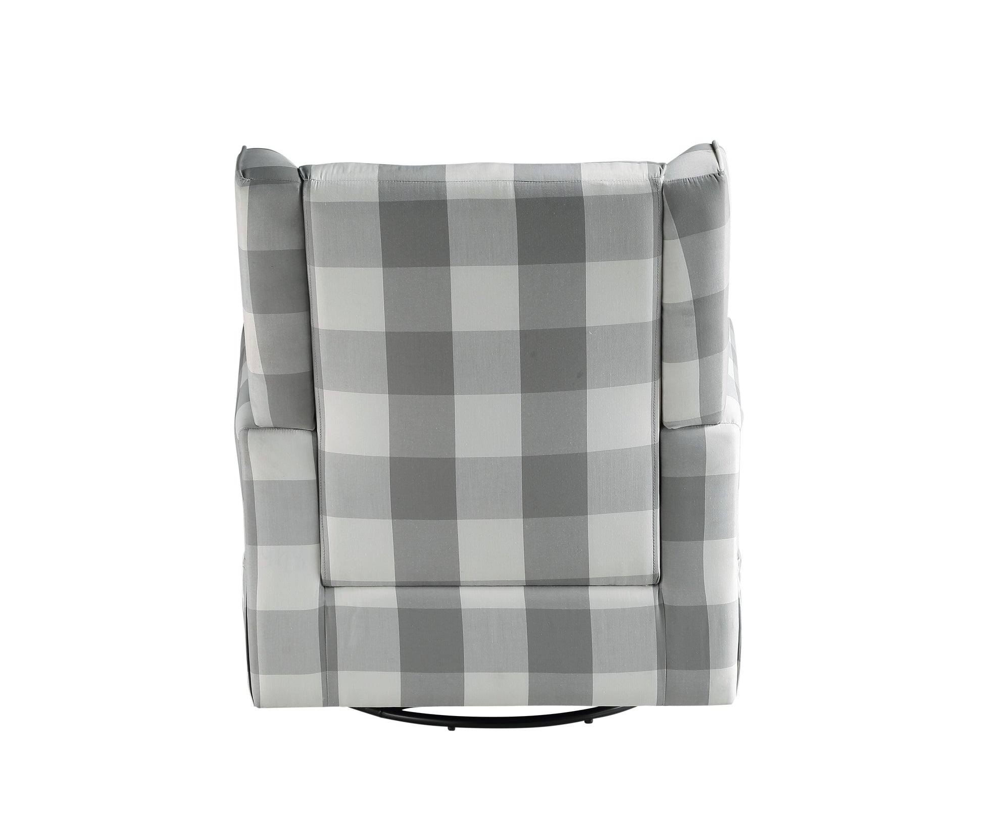The Patli Glider Chair features a cushioned high backrest with monochrome plaid in gray and white, set against a white background.