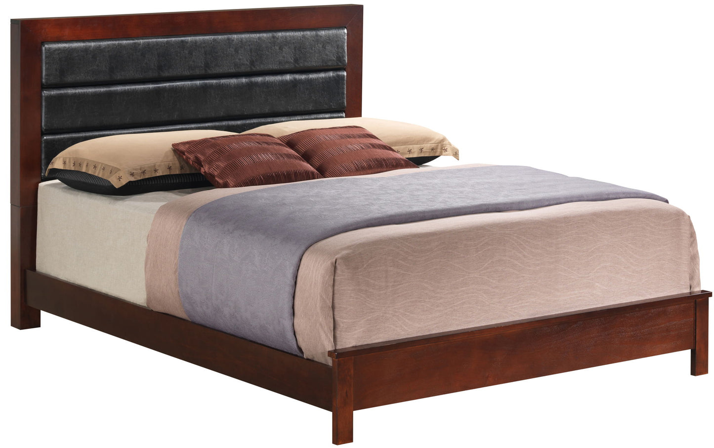 The Transitional Modern Design Bed features a wooden frame and dark leather-padded headboard, styled with beige sheets, a gray blanket, two brown pillows in front of two tan pillows.
