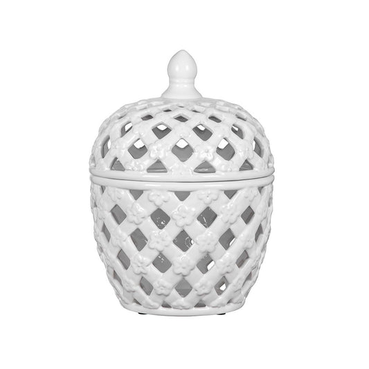 The Ballas - Bird Lidded Jar - White features a glossy ceramic finish, decorative lattice cutouts, and a rounded lid topped with a bird ornament for an elegant, ornamental look.