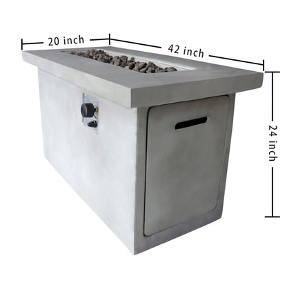 The Propane / Gas Outdoor Fire Pit Table features a gray concrete finish, measures 42" L x 20" W x 24" H, includes lava rocks, and has a side access panel with control knob for easy operation.