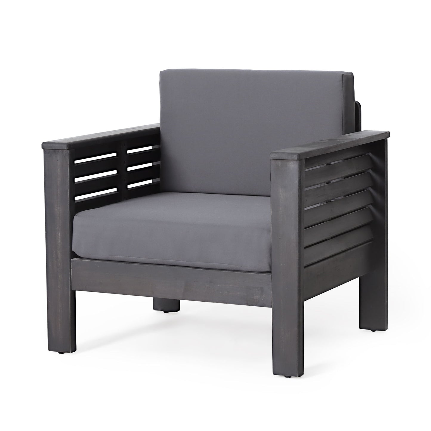 The Slat Design Club Chairs With Cushions features a modern outdoor look with a dark wooden frame, horizontal side slats, and thick dark gray seat and back cushions.