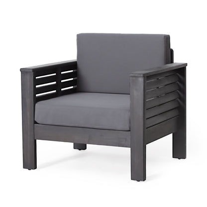 The Slat Design Club Chairs With Cushions features a modern outdoor look with a dark wooden frame, horizontal side slats, and thick dark gray seat and back cushions.