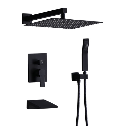 All Metal Tub Shower Faucet Set With 12" Rain Shower Head And Handheld Spray Combo, Wall Mounted - Matte Black