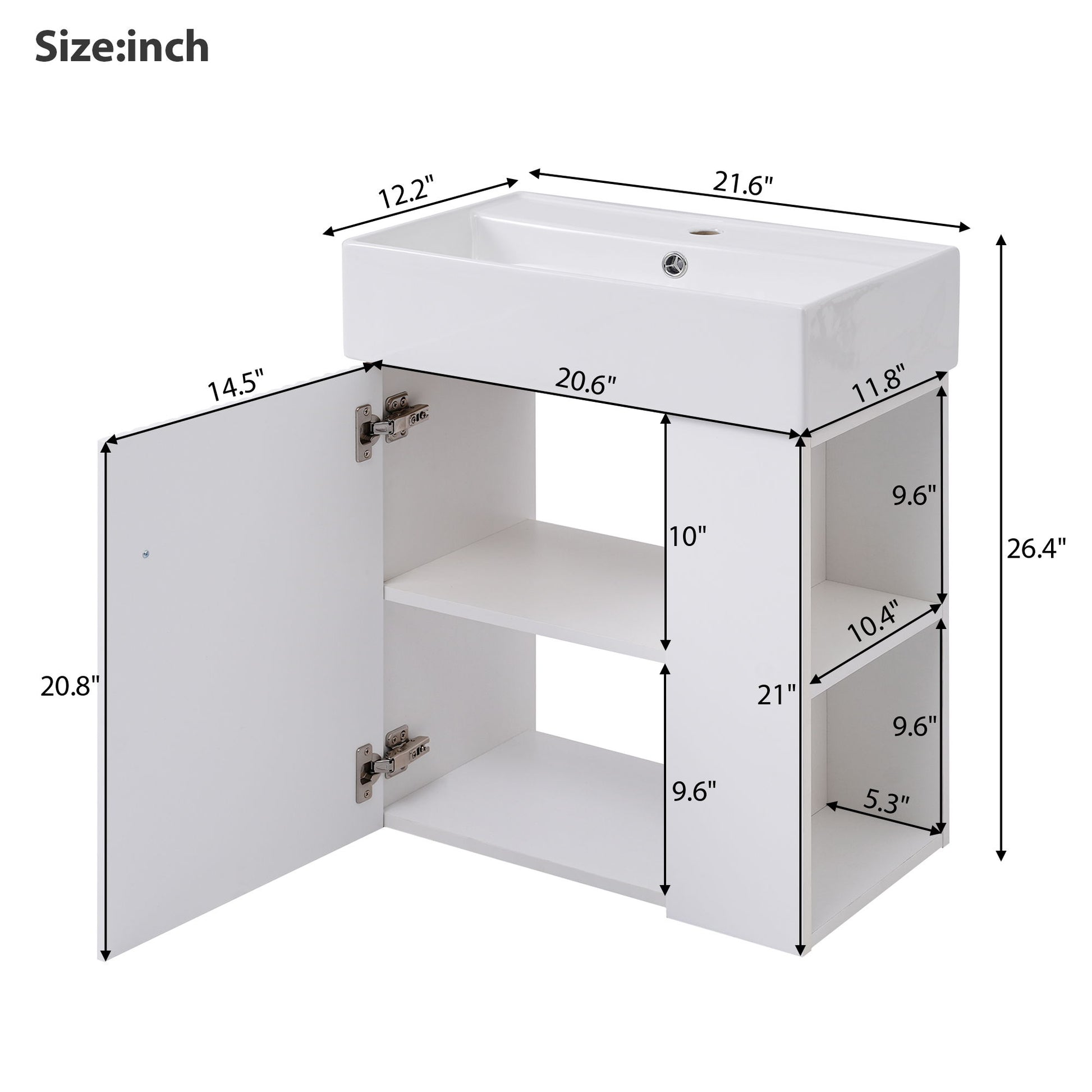 Modern Floating Bathroom Vanity With Ceramic Basin, ideal for small bathrooms, features a rectangular sink, a cabinet with door and two shelves on the left, and three open shelves on the right. Dimensions for each section are shown in inches.